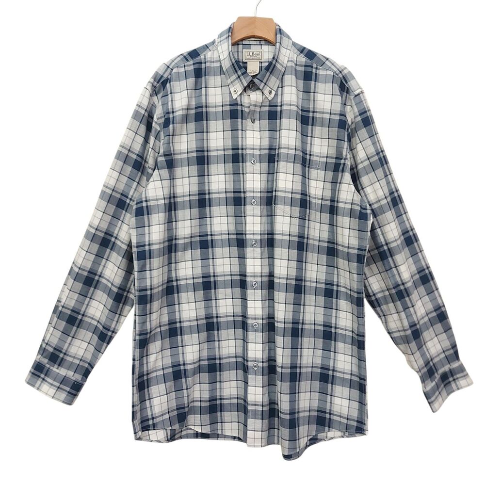LL Bean Shirt mens Large Tall Blue Plaid Cotton Traditional Fit Cabincore Hiking